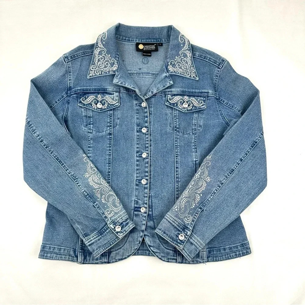 Christine Alexander 1990s Vintage Denim Jacket with Crystal Rhinestone Large